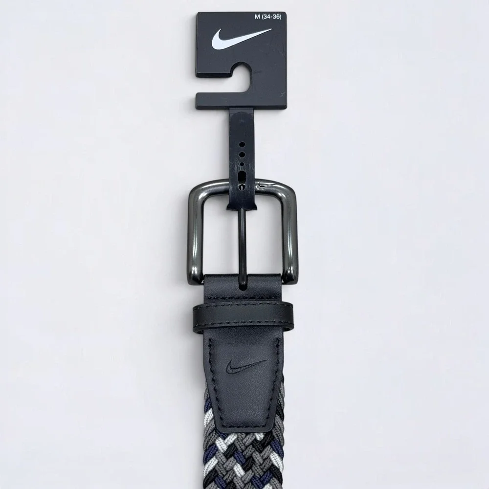 Nike Belt Mens Medium 34-36 Grey Navy White Braided Stretch Woven Golf NWT2